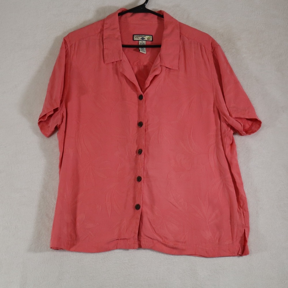 Caribbean Joe Men's XL Coral Pink Silk Blend Camp Shirt Tropical Jacquard